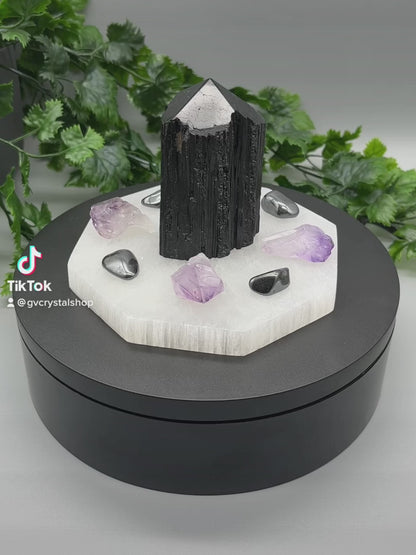 Crystal Protection Grid: Large Top-Polished Black Tourmaline Tower, 5.5" Selenite Octagon Plate, Natural Amethyst Points & Hematite Tumbles