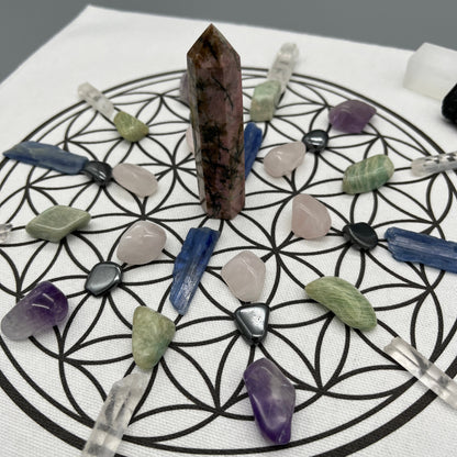 Emotional Healing Crystal Grid Kit with Rhodonite Tower