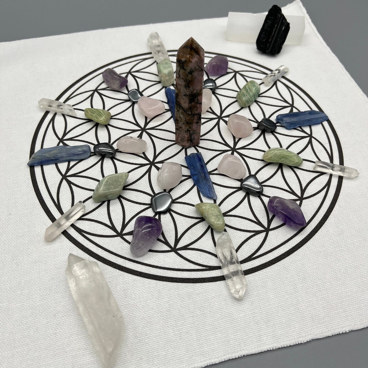 Emotional Healing Crystal Grid Kit with Rhodonite Tower