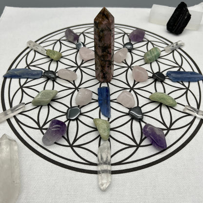 Emotional Healing Crystal Grid Kit with Rhodonite Tower