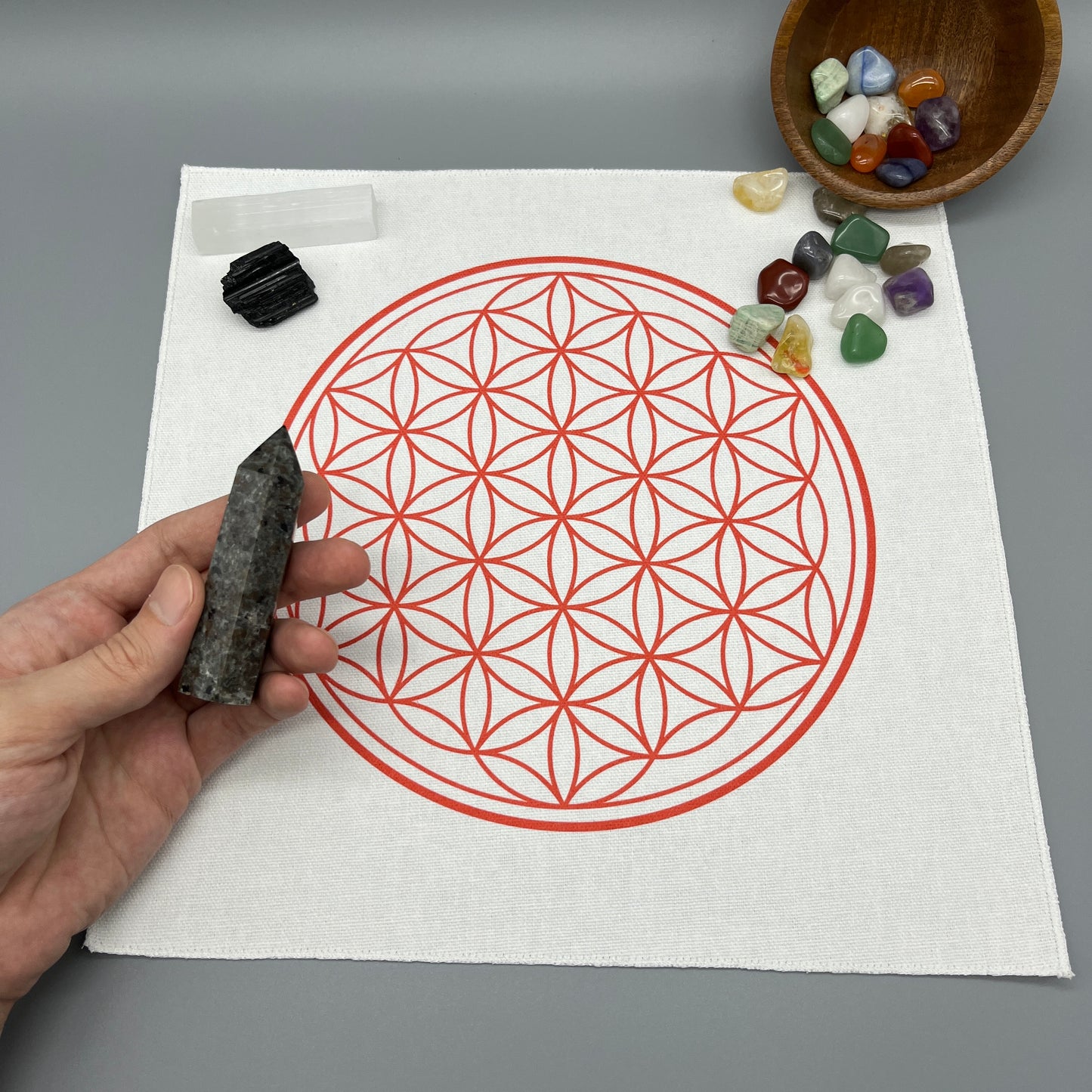 12 Inch Flower of Life Crystal Grid Cloth with Crystals on it and a Crystal Tower being Placed