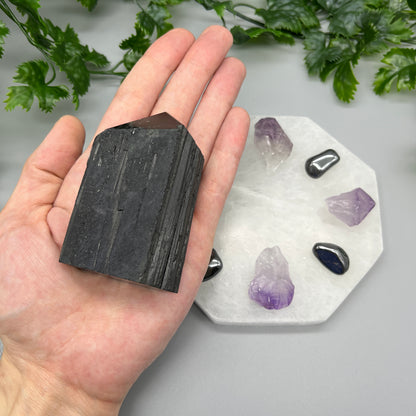 Crystal Protection Grid: Large Top-Polished Black Tourmaline Tower, 5.5" Selenite Octagon Plate, Natural Amethyst Points & Hematite Tumbles