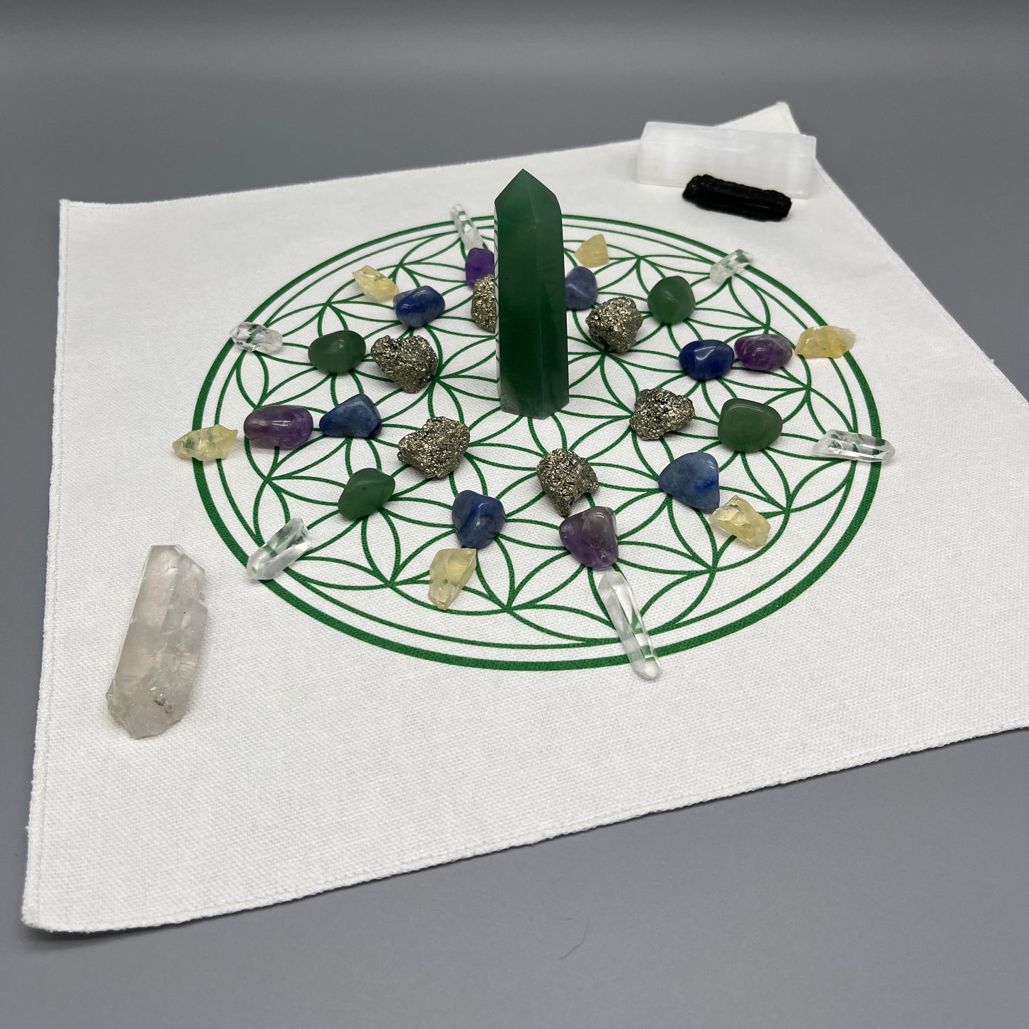 Prosperity & Abundance Crystal Grid Kit with Green Aventurine Tower and Pyrite Nuggets | Crystal Grid for Wealth and Prosperity