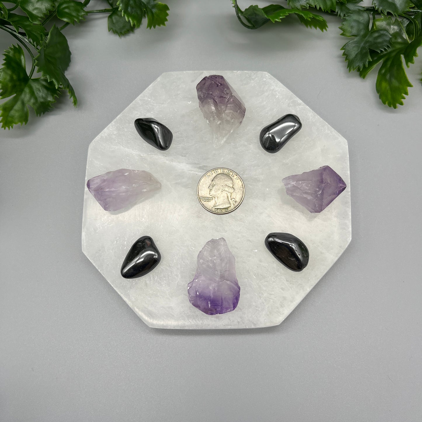 Crystal Protection Grid: Large Top-Polished Black Tourmaline Tower, 5.5" Selenite Octagon Plate, Natural Amethyst Points & Hematite Tumbles