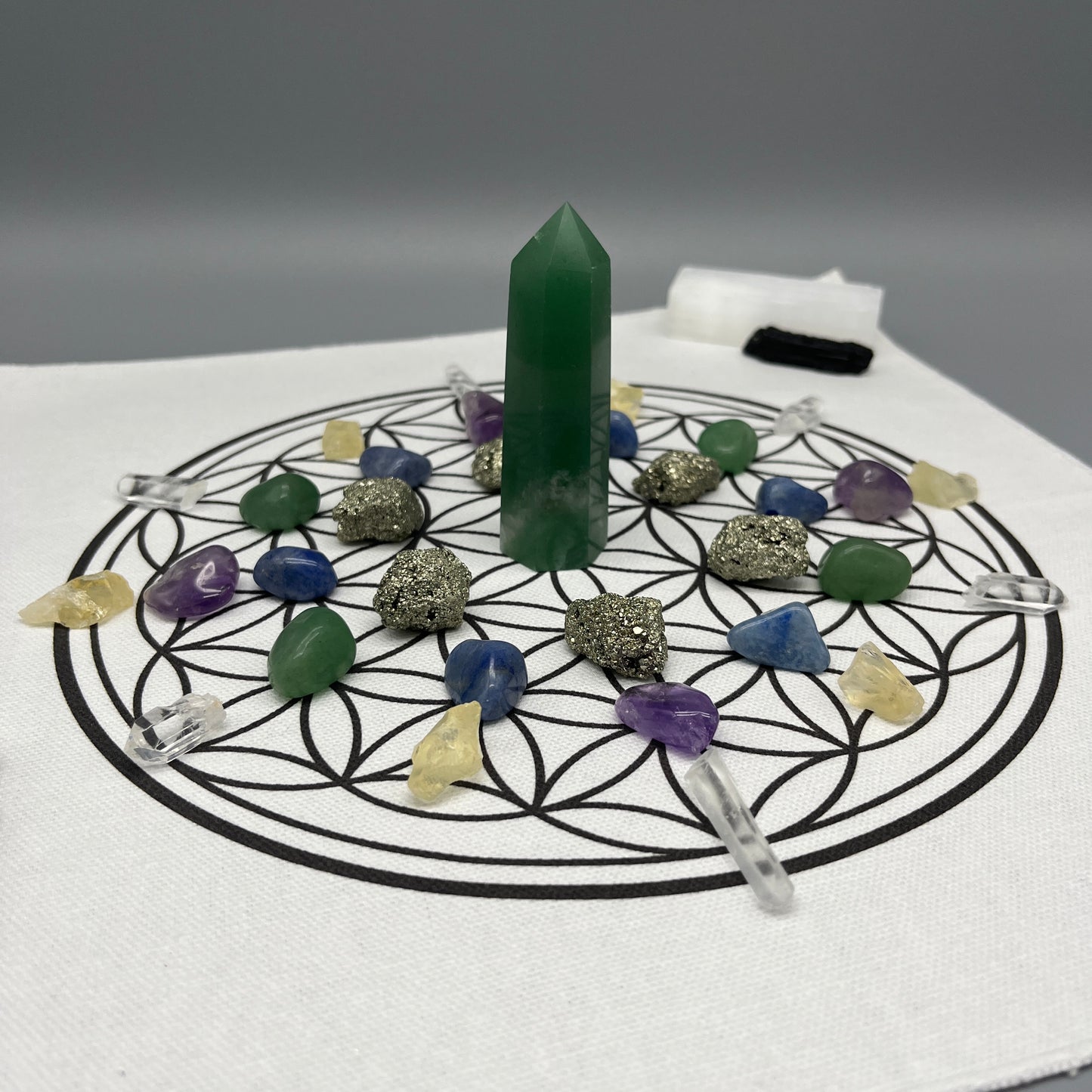 Prosperity & Abundance Crystal Grid Kit with Green Aventurine Tower and Pyrite Nuggets | Crystal Grid for Wealth and Prosperity