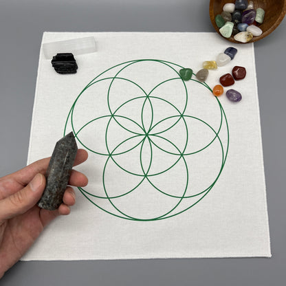 Seed of Life Crystal Grid Cloth | Green | 12x12" Cotton, Canvas Cloth