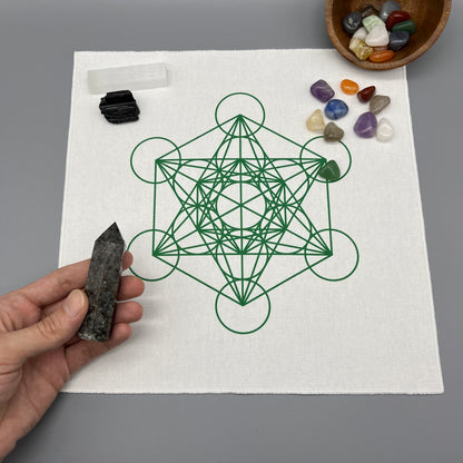 Metatron’s Cube Crystal Grid Cloth | Green | 12x12" Cotton, Canvas Cloth