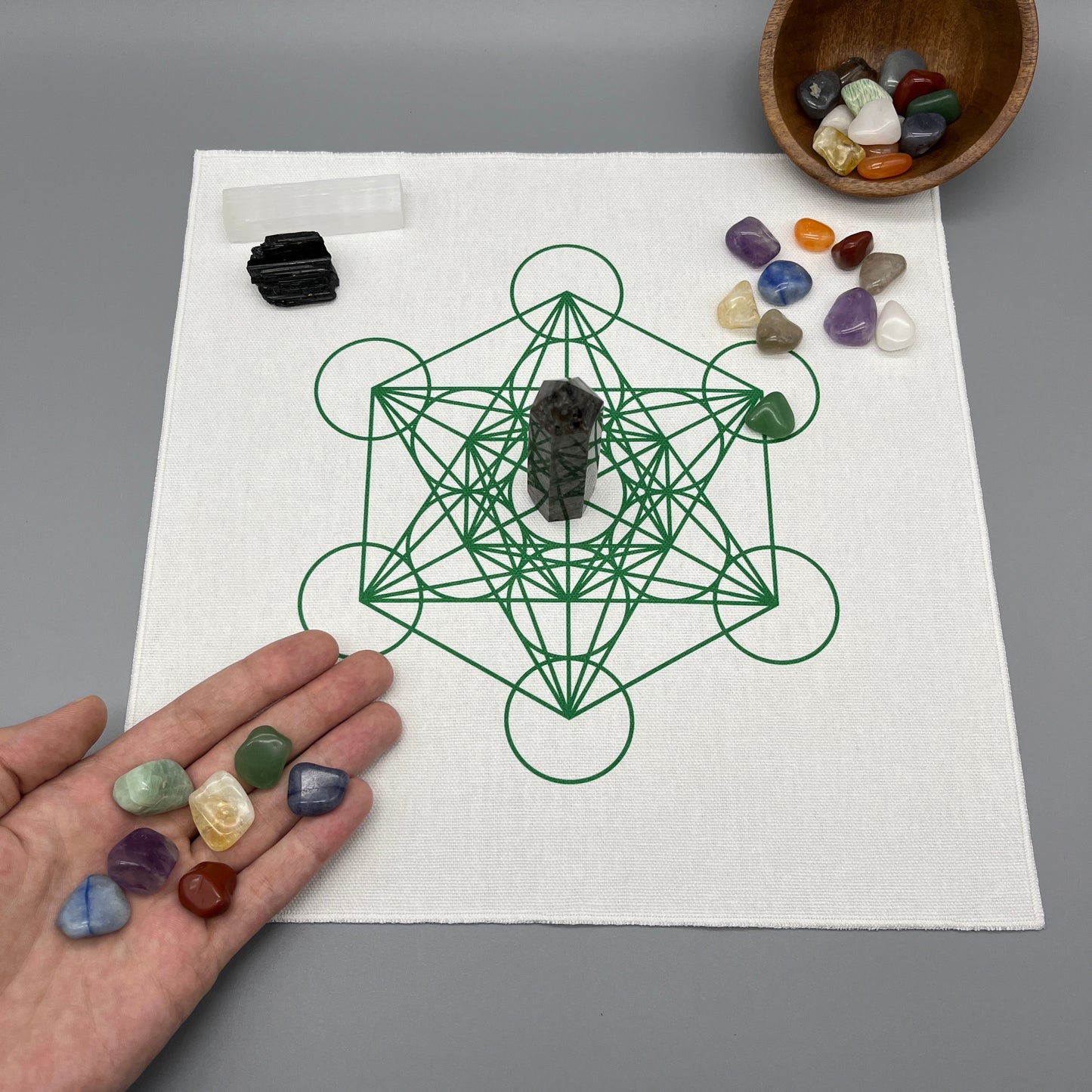 Metatron’s Cube Crystal Grid Cloth | Green | 12x12" Cotton, Canvas Cloth