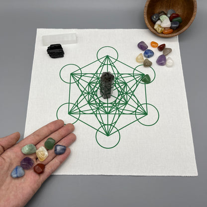 Metatron’s Cube Crystal Grid Cloth | Green | 12x12" Cotton, Canvas Cloth