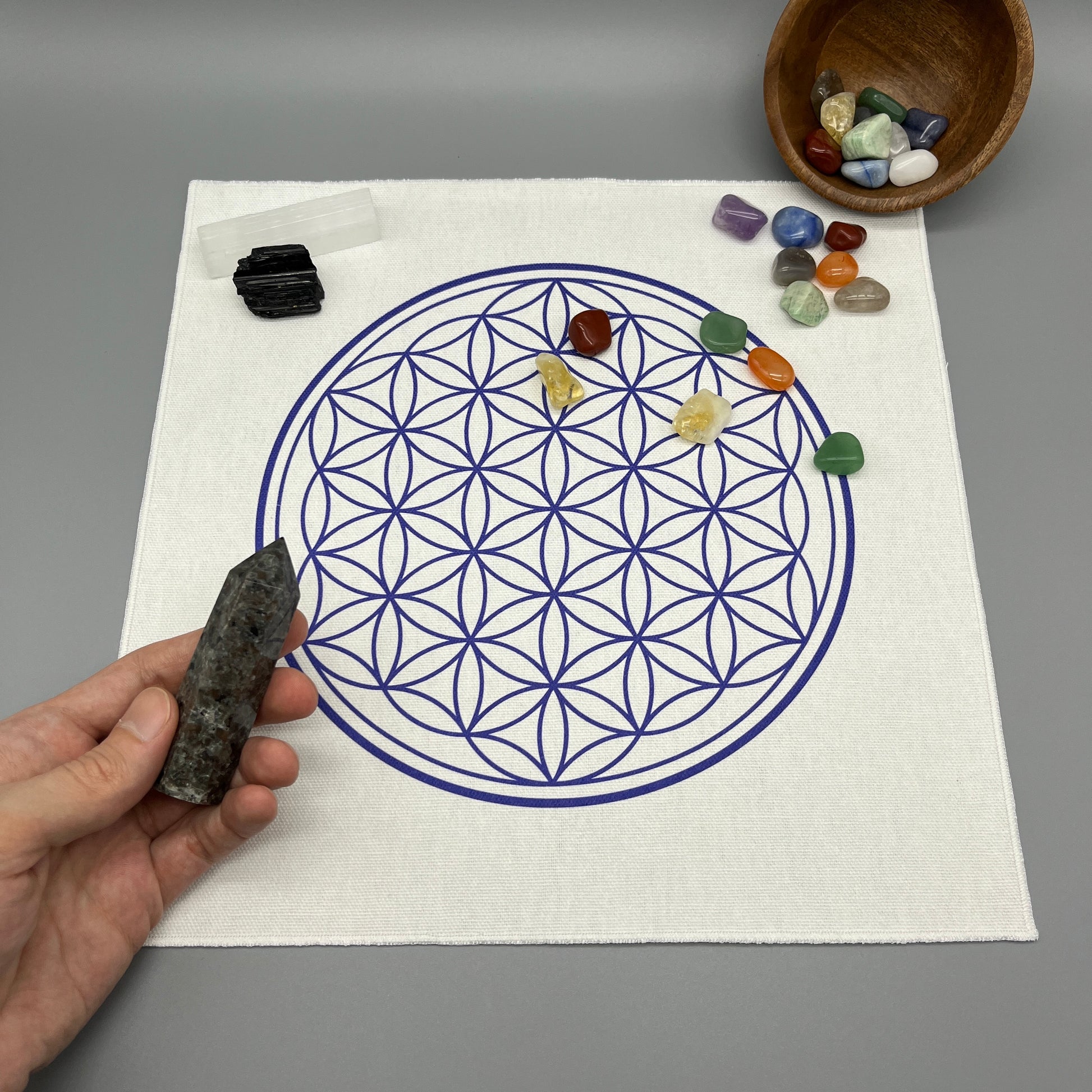 12 Inch Flower of Life Crystal Grid Cloth with Crystals on it and a Crystal Tower being Placed