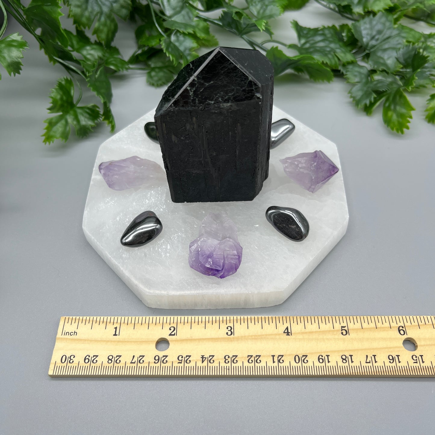 Crystal Protection Grid: Large Top-Polished Black Tourmaline Tower, 5.5" Selenite Octagon Plate, Natural Amethyst Points & Hematite Tumbles