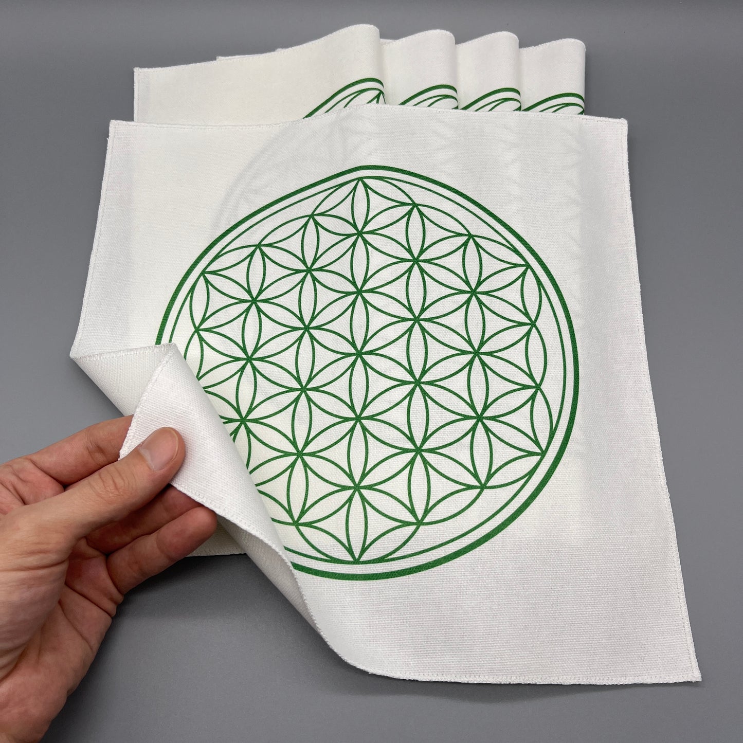 12 Inch Flower of Life Crystal Grid Cloth Showing Fabric Thickness in Hand