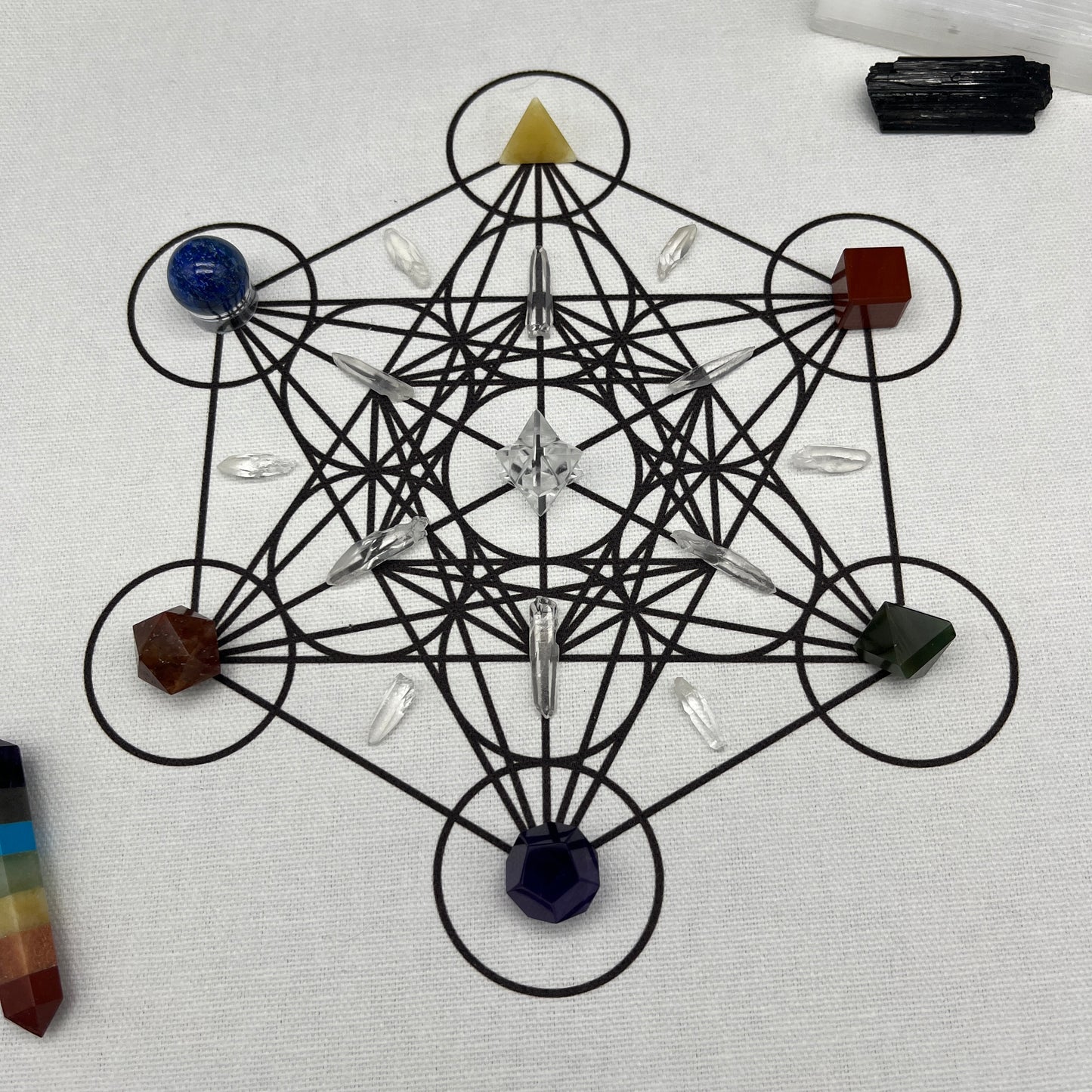 Merkaba Activation Crystal Grid Kit with 5 Platonic Solid Crystals, Mini Sphere & Clear Quartz Merkaba