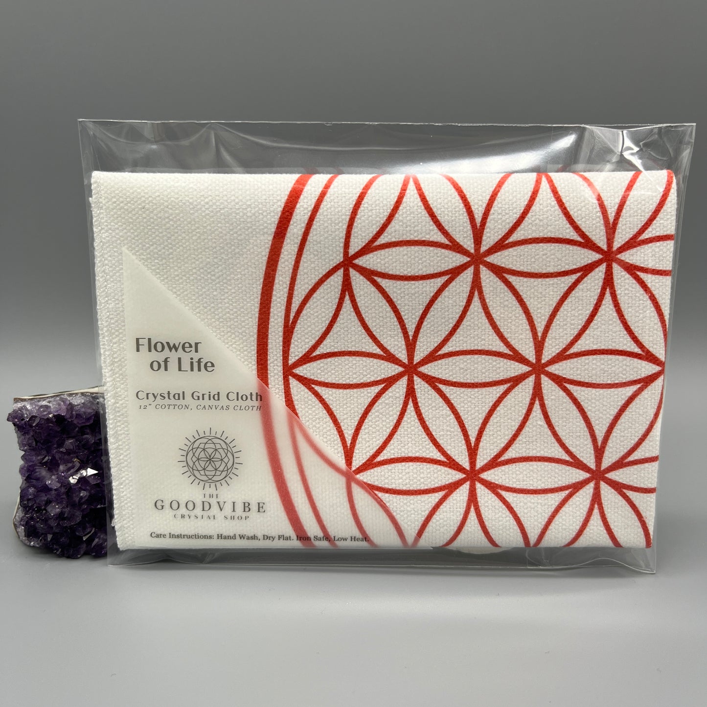 12 Inch Flower of Life Crystal Grid Cloth Packages in Clear Recyclable Bag with Label Including Care Instructions