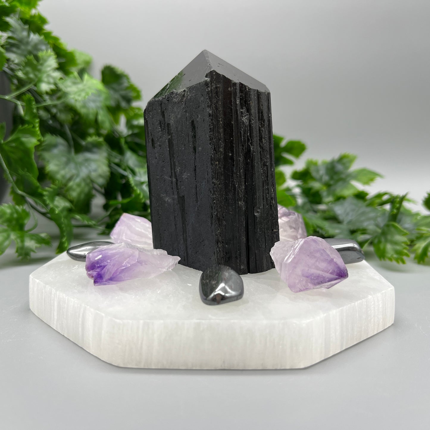 Crystal Protection Grid: Large Top-Polished Black Tourmaline Tower, 5.5" Selenite Octagon Plate, Natural Amethyst Points & Hematite Tumbles