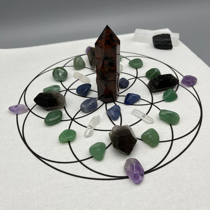 Healing Energy Crystal Grid Kit with Mahogany Obsidian Tower