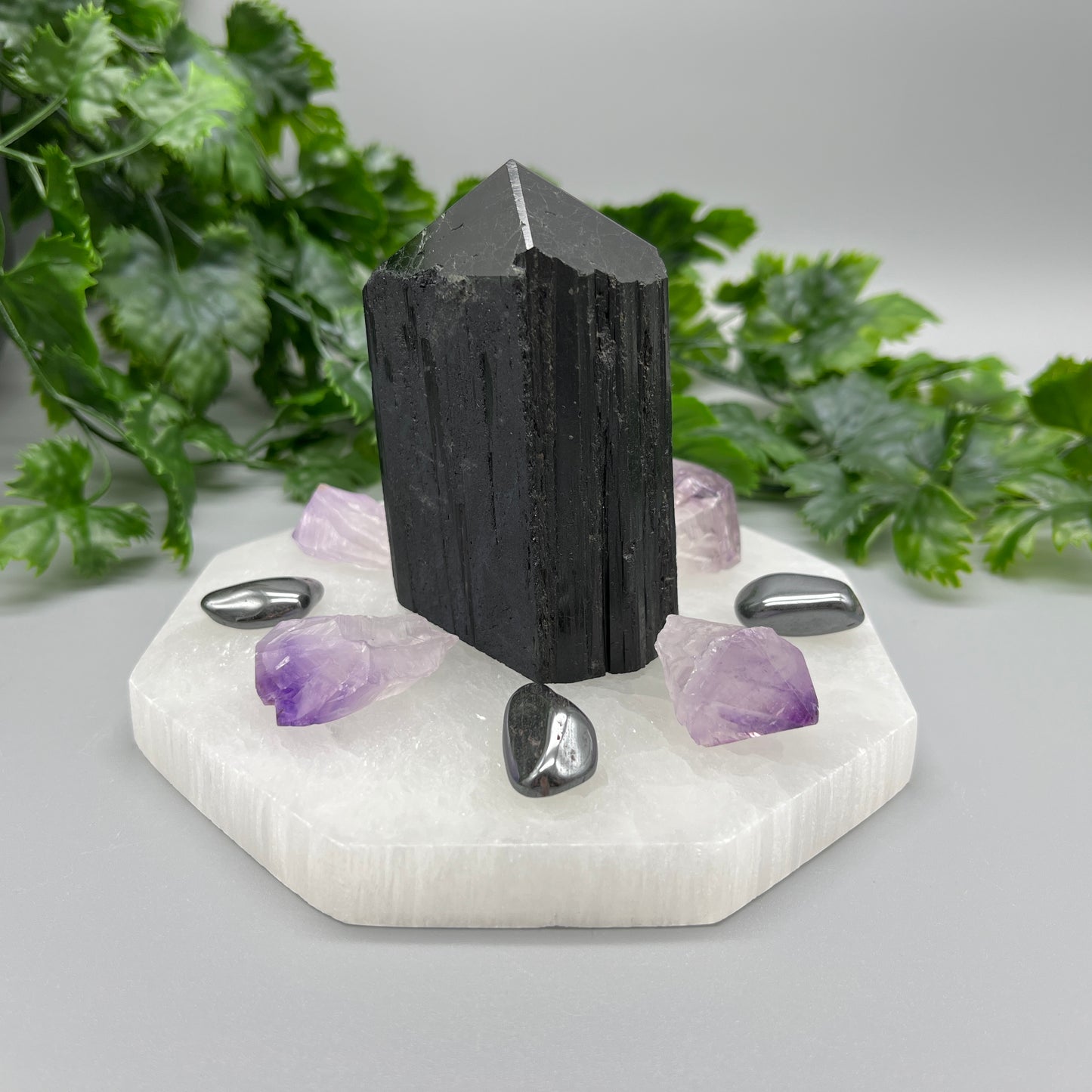 Crystal Protection Grid: Large Top-Polished Black Tourmaline Tower, 5.5" Selenite Octagon Plate, Natural Amethyst Points & Hematite Tumbles