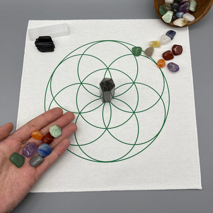 Seed of Life Crystal Grid Cloth | Green | 12x12" Cotton, Canvas Cloth