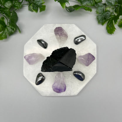 Crystal Protection Grid: Large Top-Polished Black Tourmaline Tower, 5.5" Selenite Octagon Plate, Natural Amethyst Points & Hematite Tumbles