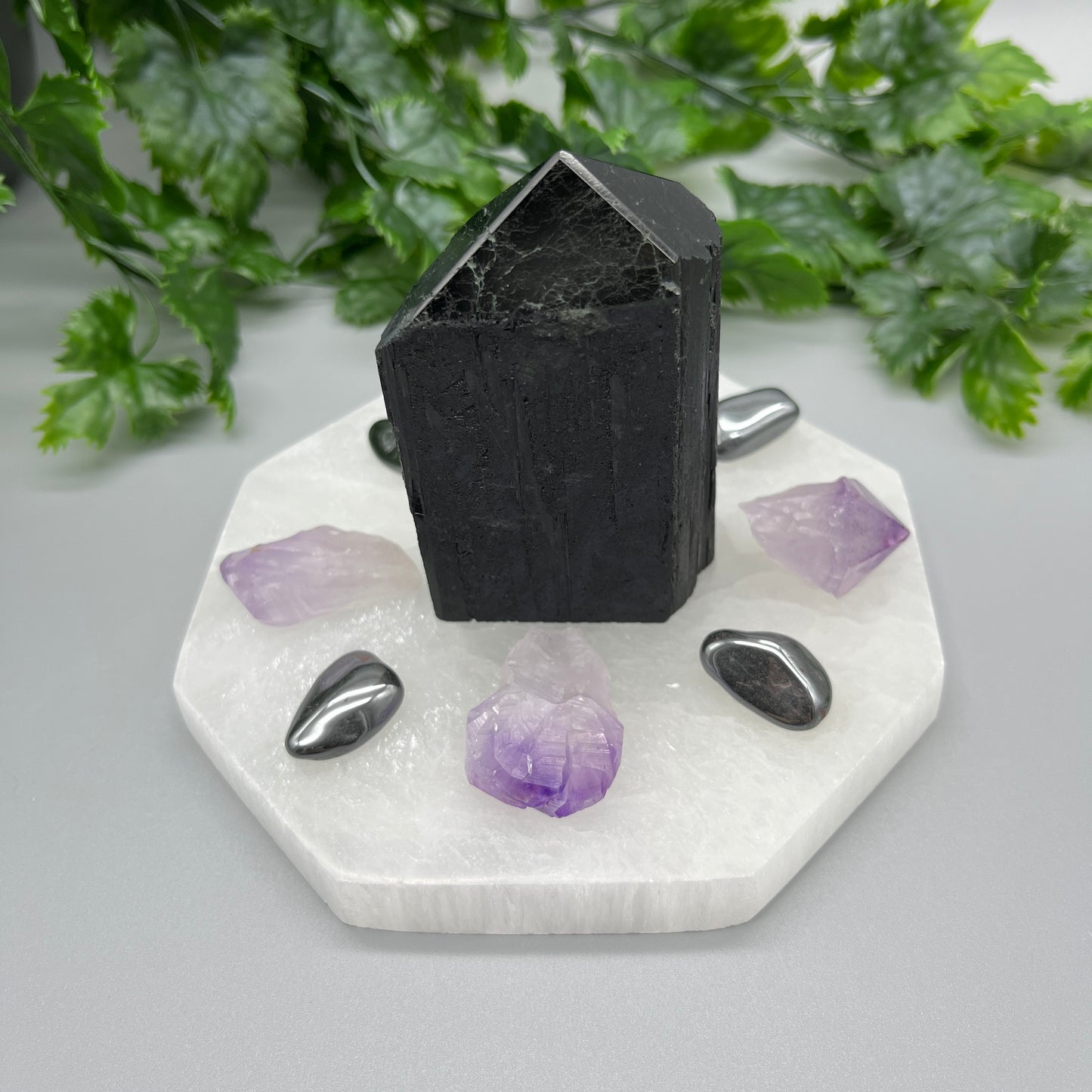 Crystal Protection Grid: Large Top-Polished Black Tourmaline Tower, 5.5" Selenite Octagon Plate, Natural Amethyst Points & Hematite Tumbles