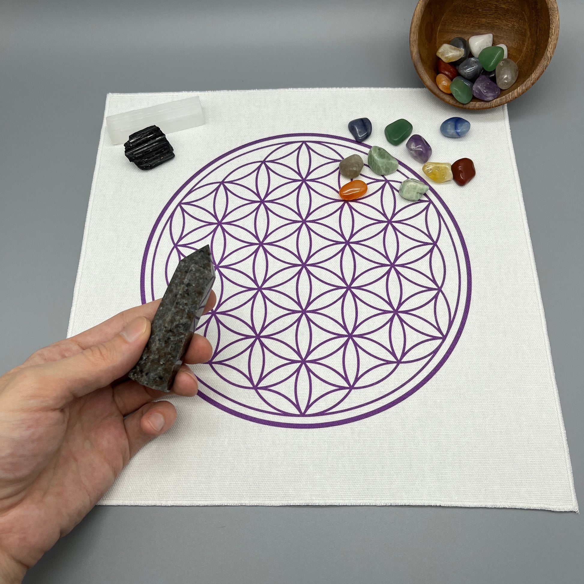 12 Inch Flower of Life Crystal Grid Cloth with Crystals on it and a Crystal Tower being Placed