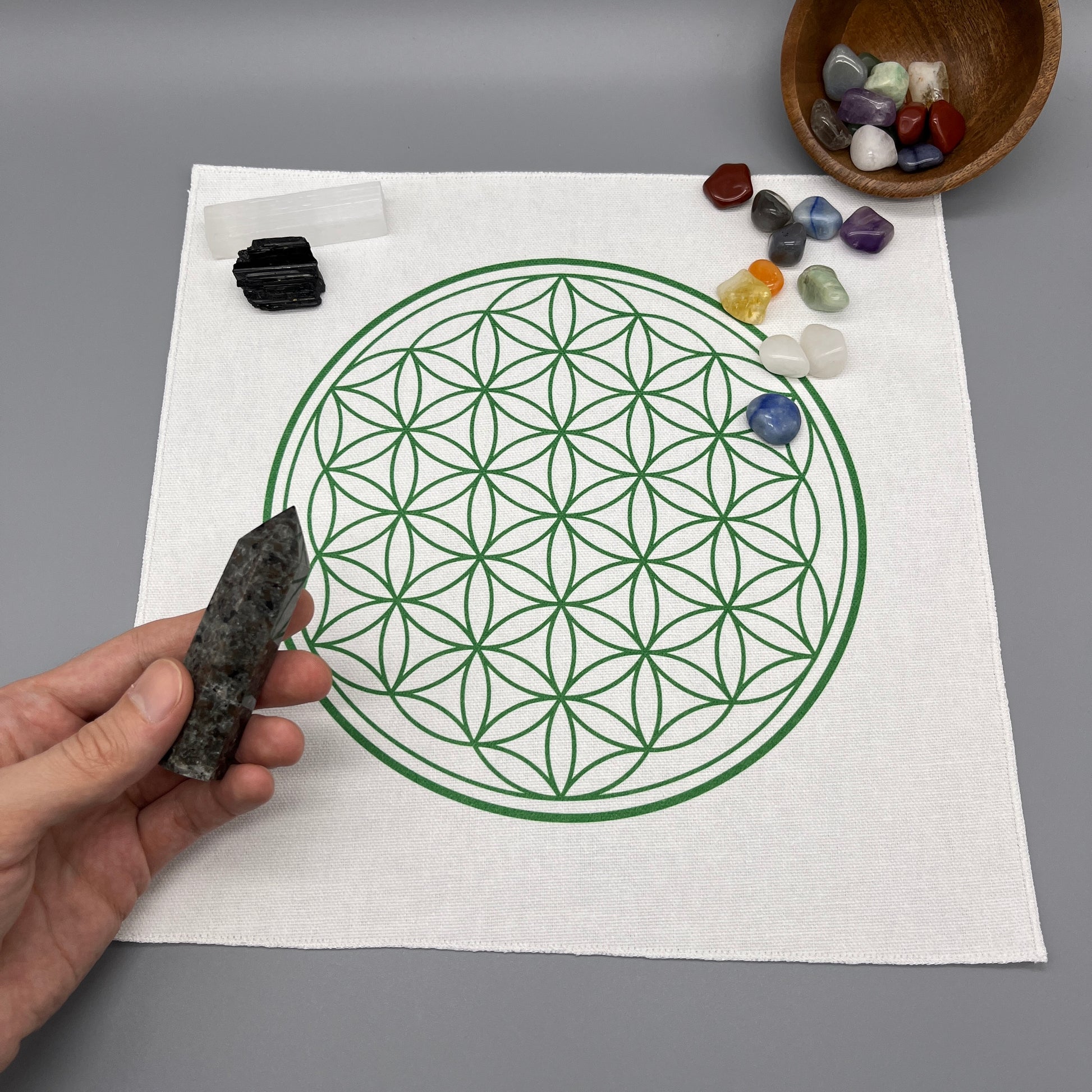 12 Inch Flower of Life Crystal Grid Cloth with Crystals on it and a Crystal Tower being Placed